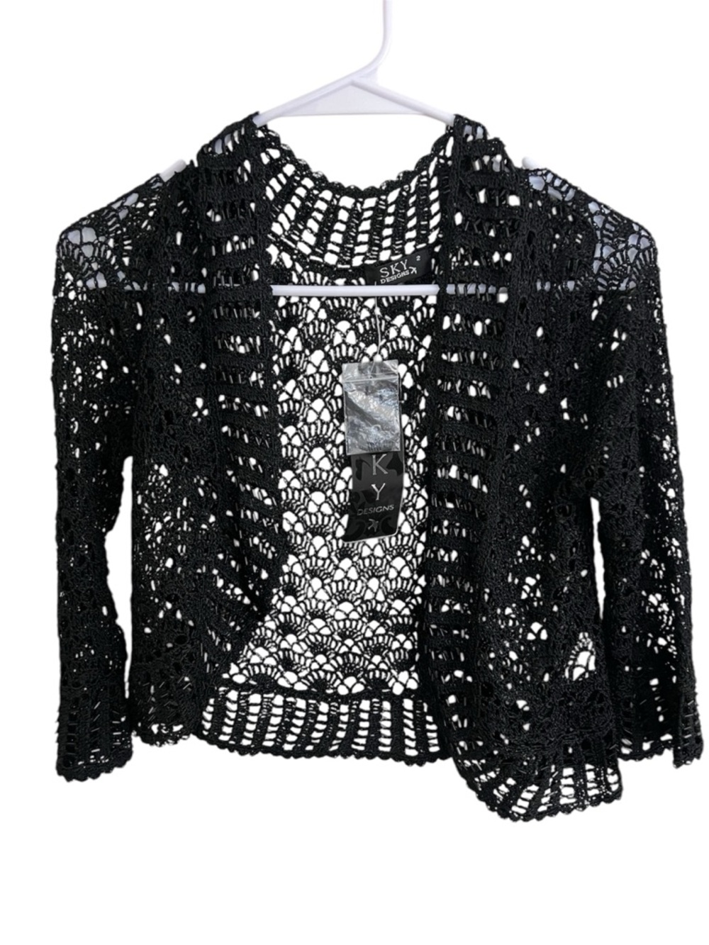 Sky Black Crochet Open-Front Cardigan